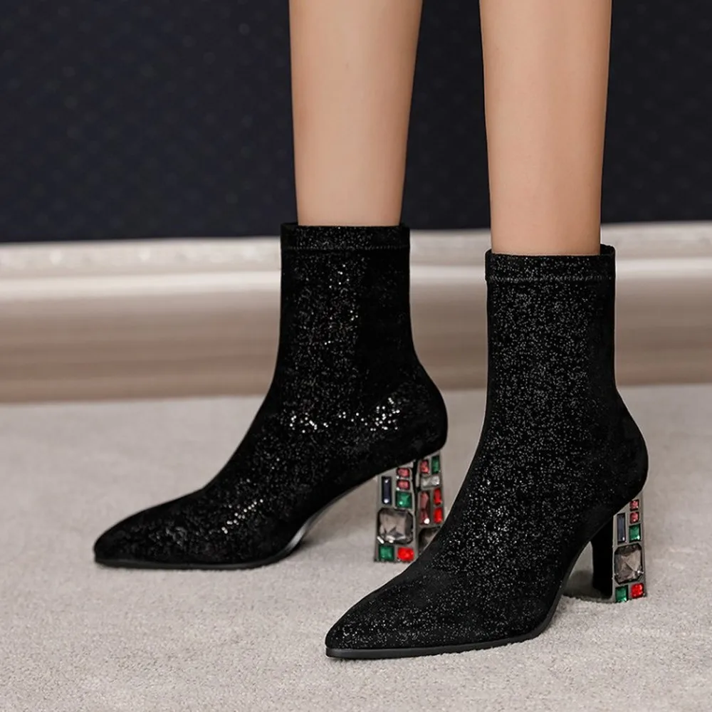 

OEING Womens Pointy Toe Ankle Boots Real Leather Rhinestones Sequins Bling Block High Rainbow Colors Diamond Heel Warm Winter