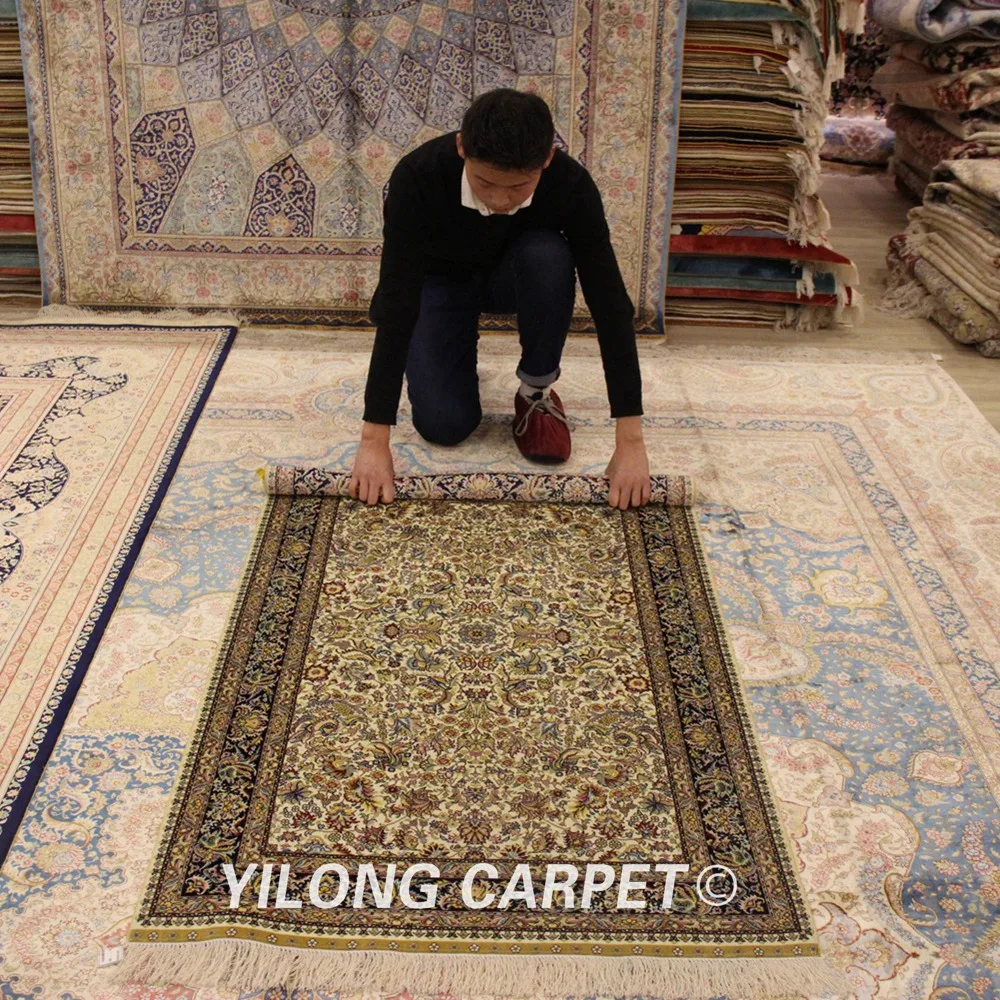 YILONG 3 'x 5' Античный Восточный шелковый ковер бежевый изысканный Шелковый