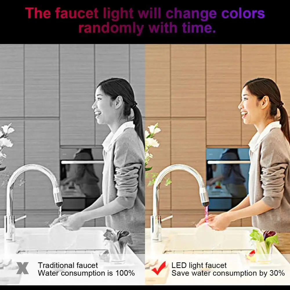 Light-up LED Water Faucet Changing Glow Kitchen Shower Tap Water Saving Novelty Luminous Faucet Nozzle Head Bathroom Light Hot