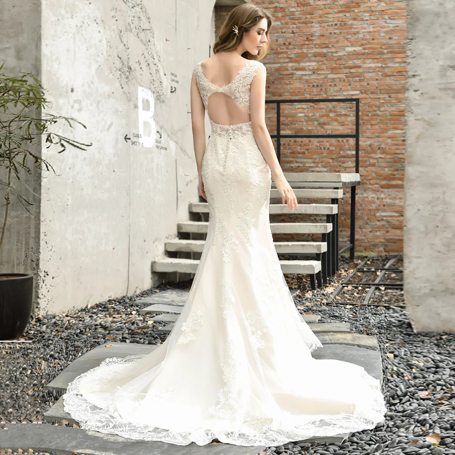 ADLN Свадебные платья русалки 2020, свадебное платье с коротким рукавом и v-образным вырезом и жемчужной аппликацией, платье без спинки на заказ