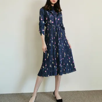 

2020 Spring Summer Women Flower Print Dress Pleated Long Sleeve Elastic Waist Ruffles Stand Collar Midi Dress with Buttons