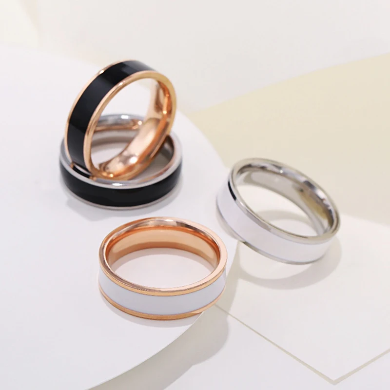 Gold Color Rings Stainless Steel Ring Finger Ring Gold Color Ring Silver Ring 6mm Women Simple Enamel Rings for Women Gold Silver Color Stainless Steel Ring for Men Unisex Jewelry Party Gift WC034