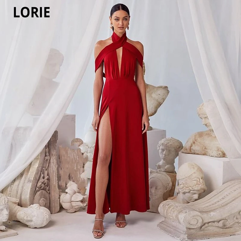 

LORIE A-line Halter Off The Shoulder Long Evening Dresses 2021 Sexy Side Split Satin Prom Gowns Fromal Pageant Dresses for Women