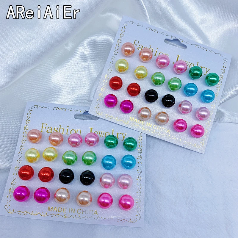 12 Pairs/set Classic Round Ball Pearl Stud Earrings For Women Party Wedding Gifts multiple colour Earings Set Ear Jewelry | Украшения и