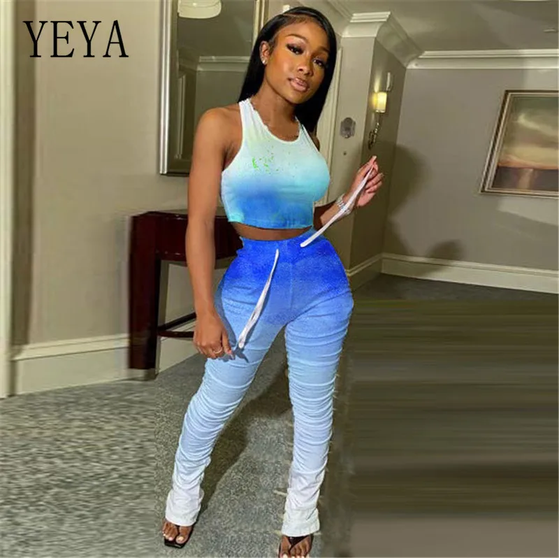 

YEYA Tie-dye Print Tops+Long Pants Suit Summer Tracksuits Fitness Women Gradient Color Two Piece Set Casual Street Outfits