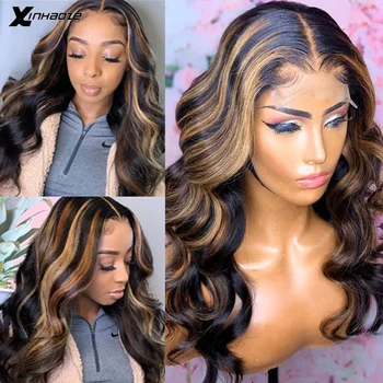 

Highlight Body Wave Human Hair Wigs Ombre Color Brazilian Remy Hair Lace Wigs 150% Pre Plucked T Part Lace Wig Bleached Knots