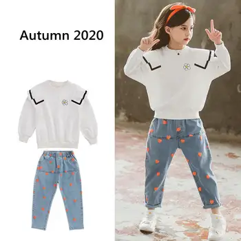 

Autumn Girls Fall Outfits Spring Kids White Sweatshirts and Jeans Trousers 2020 Teenage Cotton Tracksuits Toddler Clothes 4-14T