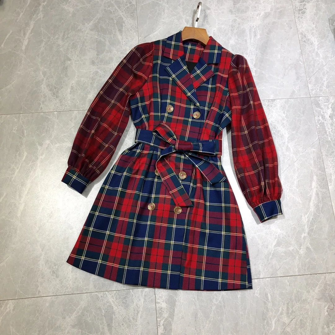 

2019 Fashion New Model Vintage Red Houndstooth Waist Double-breasted Suit Dress Free Shipping Worldwide