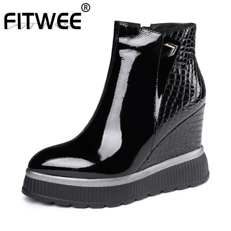 

FITWEE 2020 Simple Winter Women Ankle Boots Genuine Leather Wedges High Heels Shoes Daily Warm Women Footwear Size 34-42