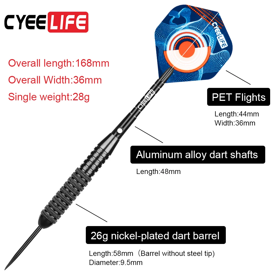 CyeeLife 26g Steel tips Darts with case,Fat Strong Alu Shafts with Extra PET Flights,Professional Home darts set