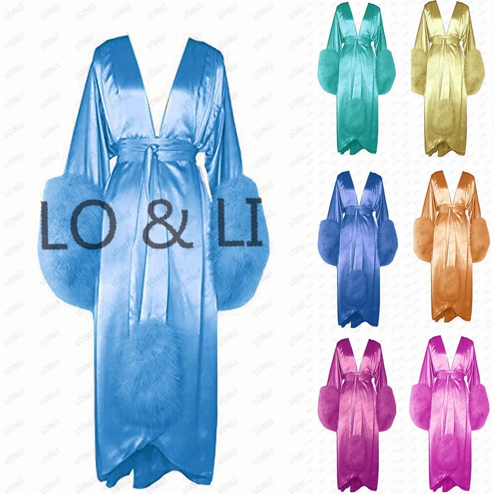 

LO&LI Bride Dress Feather Robe Silk Like Satin Robe Long Sleeve Birthday Party Wedding Gift Bridal Get Ready Dress Custom Made