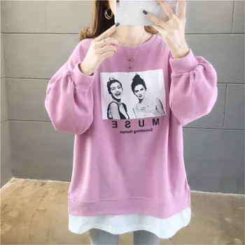 

Autumn Winter Hoodies Women Fashion Casual Printed Females Pullover Korea All-match Loose Fake two pieces Ladies Hoodies