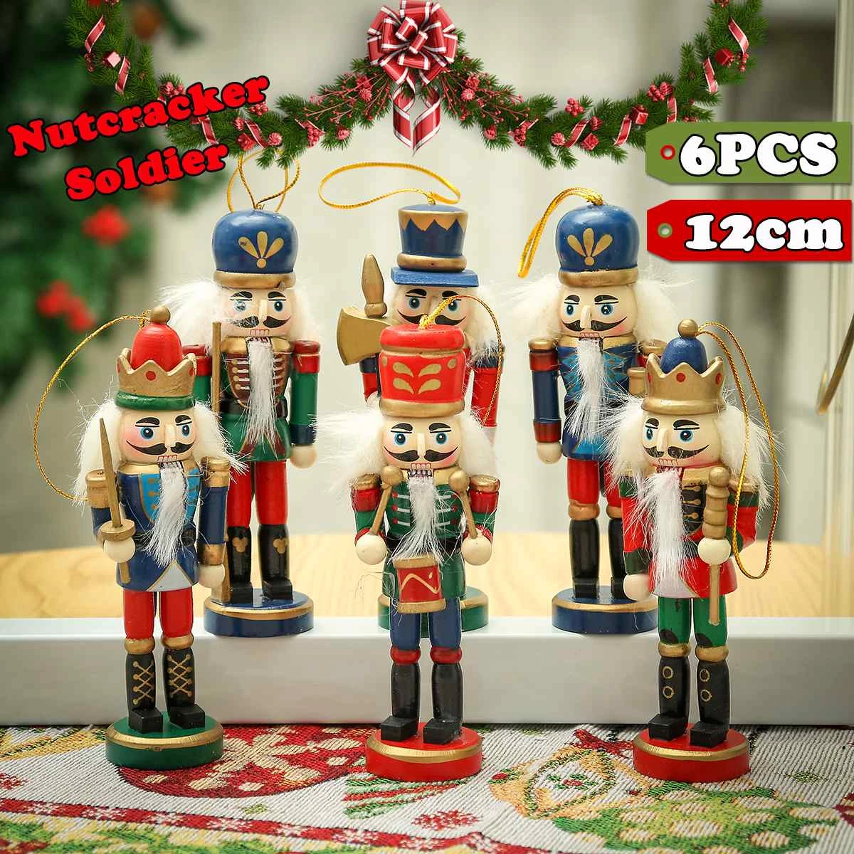 6x 12cm Wooden Puppet Nutcracker Decoration Soldier Handcraft Christmas Gift 
