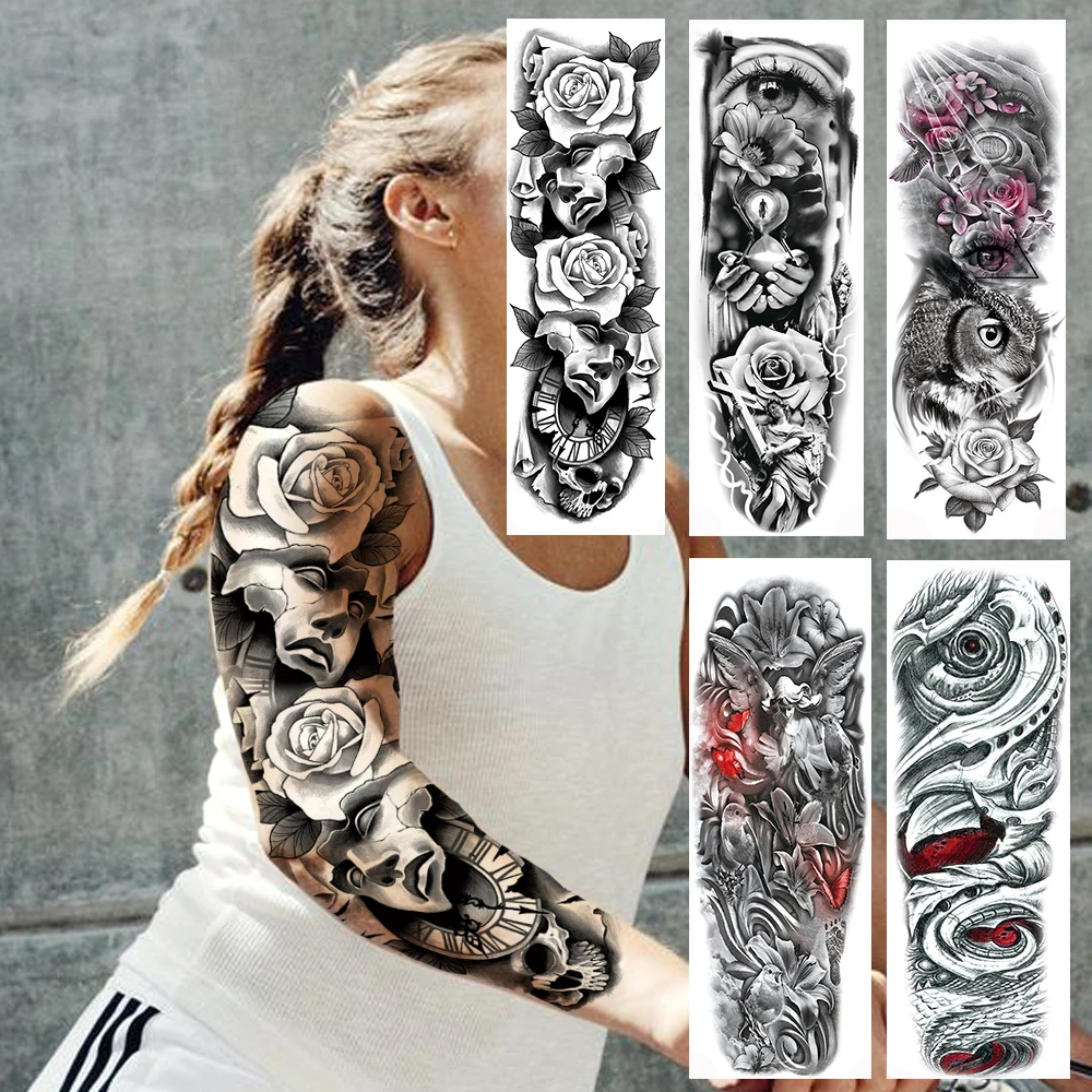 3d Schwarz Maske Rose Tattoos Aufkleber Fur Frauen Manner Gefalschte Grosse Vollen Arm Tatoos Augen Mechaniker Uhr Hulse Korper Kunst Temporare Tatoos Temporare Tattoos Aliexpress
