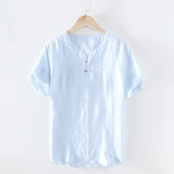 

2020 Summer New T-Shirt Men 100% Linen Solid Color Casual t shirt Basics O-neck High Quality Plus Size Male Tee Y2531