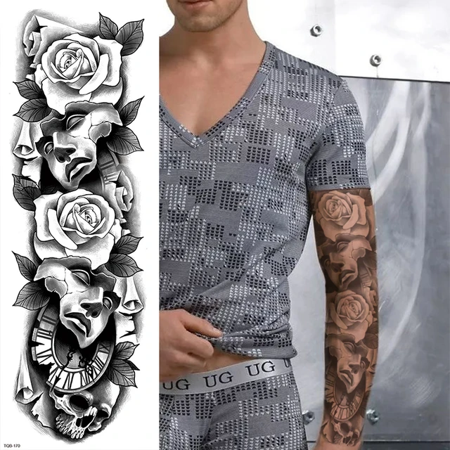 Full Sleeve Arm Temporary Tattoo Realistic Black Rose Dragon Fire Flames Mens Womens Temporary Tattoos Aliexpress