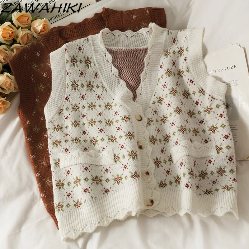ZAWAHIKI Fashion Autumn Cardigan Sweater Vest Women's Clothes Sleeveless New Slim V Neck Flower Embroidery Short Knit Vests |