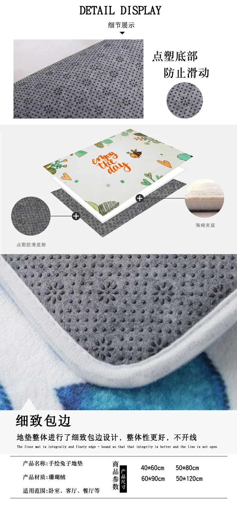 Hand-Painted Rabbit Doormat Entrance Bedroom Doorway Mat Bathroom Mats Kitchen Window Cushion