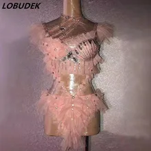 Бар ночной клуб Женский DJ певец костюм для танца на пилоне розовые стразы бахрома бикини Боди Наряд Сексуальная танцовщица шоу одежда для сцены