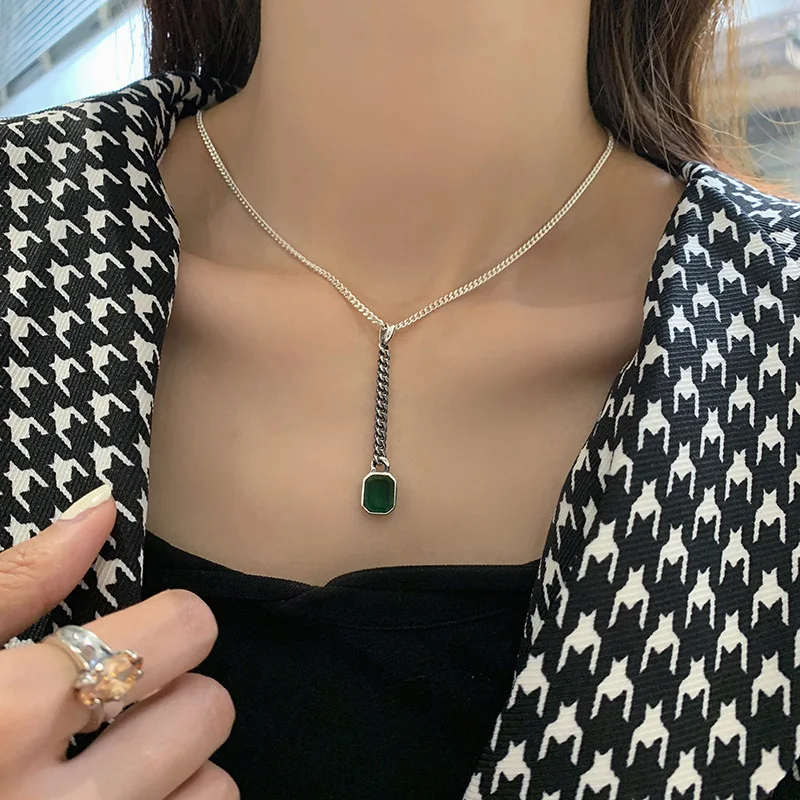 30% Silver Plated Personality Square Green Crystal Ladies Pendant Necklace Promotion Jewelry For Women Short Chains Gifts | Украшения и
