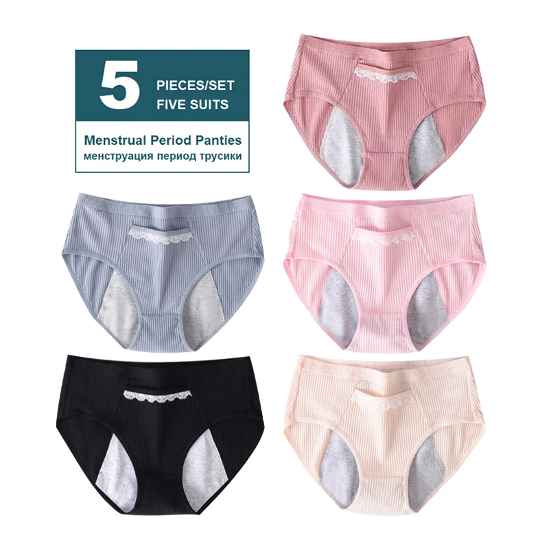 

5pcs/lot Menstrual panties Women cotton leak proof period briefs Ladies sexy lace seamless physiological unerpants