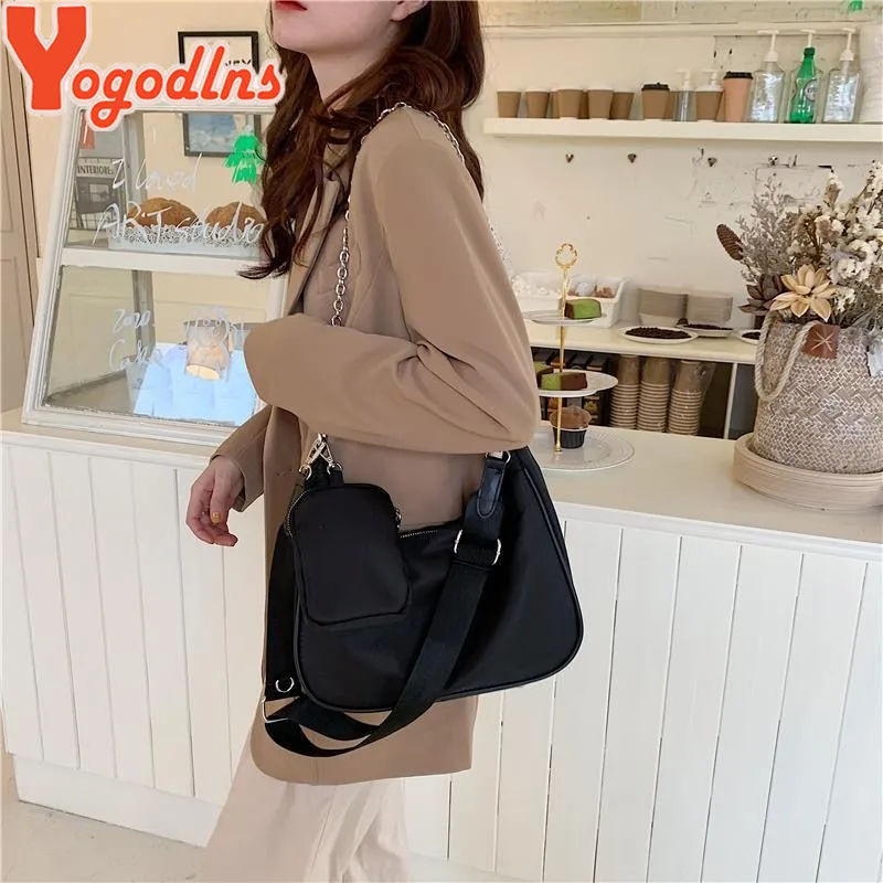 2023 New Nylon Three-in-One Bag Combination Shoulder Crossbody Bag Underarm Bag Chain Small Satchel Women's Casual Nylon Cloth S