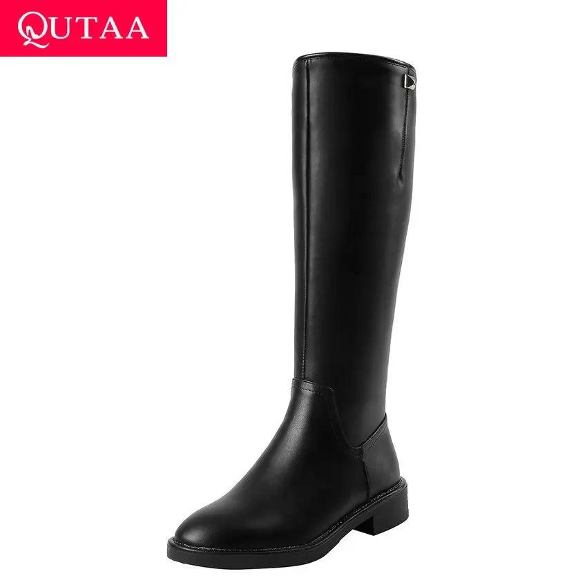 

QUTAA 2020 Cow Leather Casual Round Toe Autumn Winter Women Shoes Square Low Heel Fashion Rivet Zipper Knee High Boots Size34-39