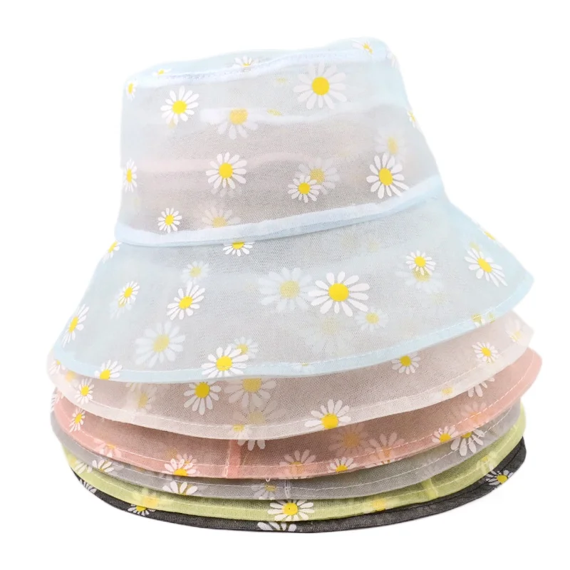 

Daisy Bucket Hat Transparent Panama Women Mesh Lace Flower Beach Travel Hats Fashion Spring Summer Sun Cap 2021 NEW