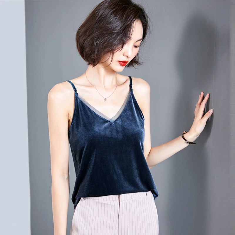 

2020 Mesh Tops Women Solid Sexy Velvet Velour Crop Tops Spring Summer Camisole Halter Tank Top Black Apricot Camis Sleeveless