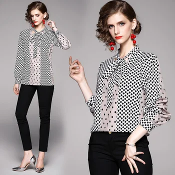 

Fashion Hit Color Letter Printed Regular Fit Long-sleeved Shirts Women Office Single-Breasted Bow Collar Blouse Tops Blusas