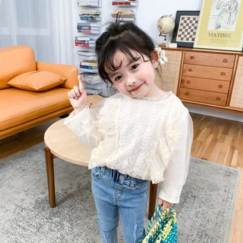 

Children Shirt 2020 Spring Girls Long Sleeve Lace Tops Blouse Toddler Baby Short Clothes Little Kids Bubble Sleeve Belt Clothing