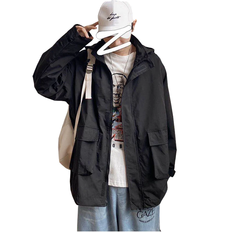 

2023 New Autumn Men Hooded Bomber Jacket Streetwear Ribbons Windbreaker Male Outwear