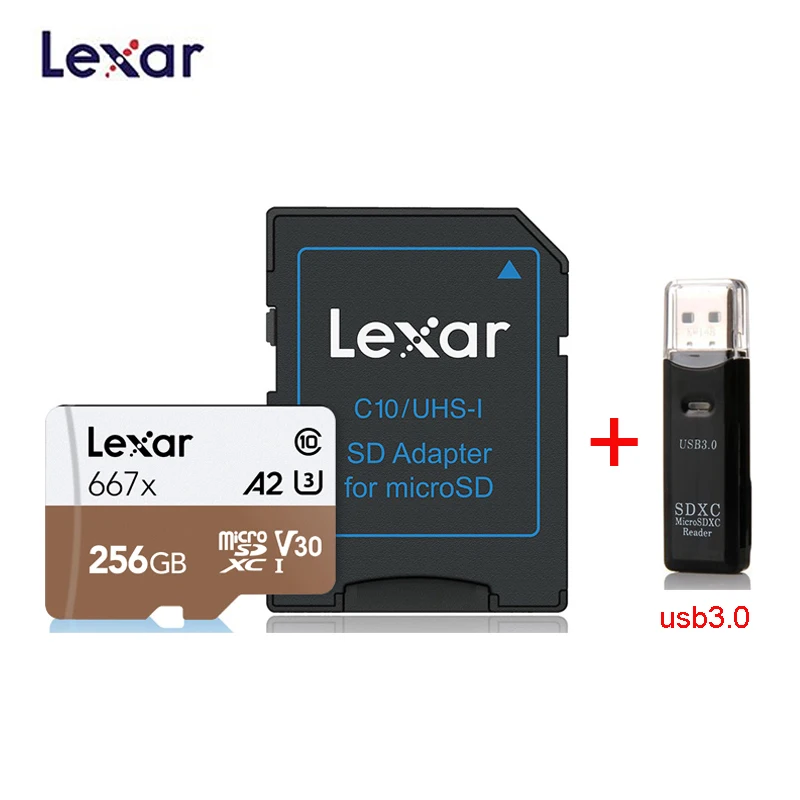 256GB-usb3.0 Новинка года Lexar Professional 667x micro SDXC UHS-I карты SD карты памяти 64 ГБ 128 ГБ 256 ГБ U3 V30 A2 100 МБ/с./с чтение 90 МБ/с./с Запись - Емкость: 256GB-usb3.0