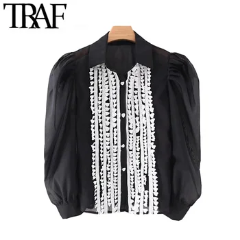 

TRAF Women Vintage Sexy Transparent Appliques Patchwork Blouses Fashion Lapel Collar Puff Sleeve Female Shirts Blusas Chic Tops