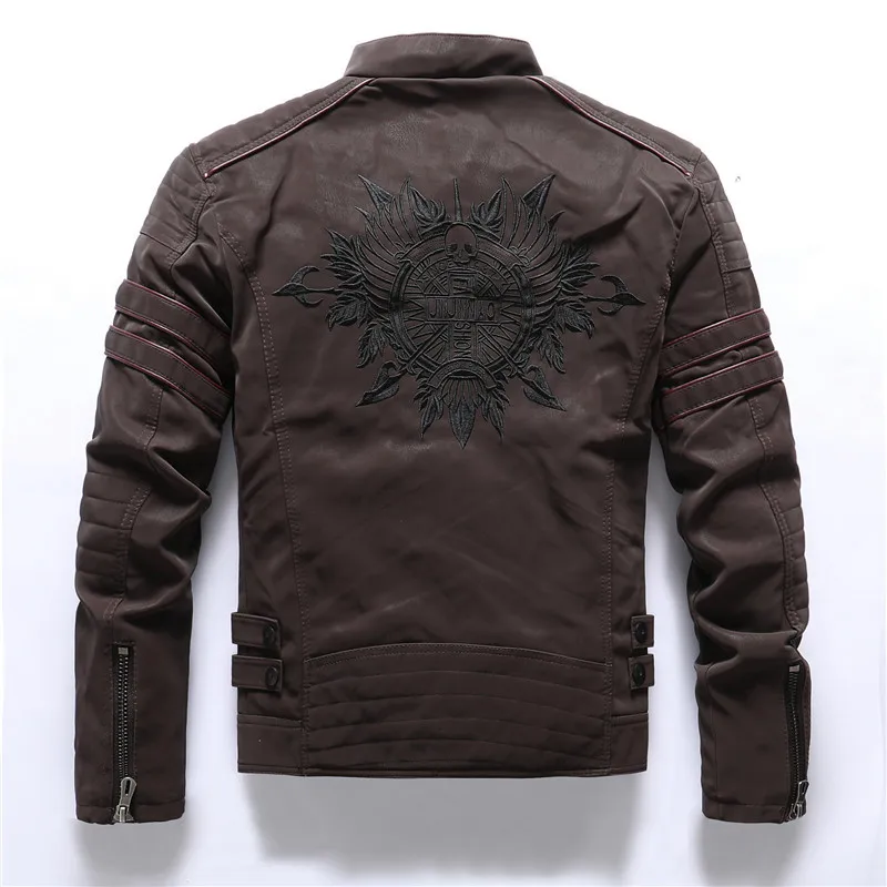 KIOVNO Men Fashion Pu Leather Jackets Coats Back Skull Embroidery Motorcycle Faxu Leather Jackets Outwear For Male Size M-3XL  (1)