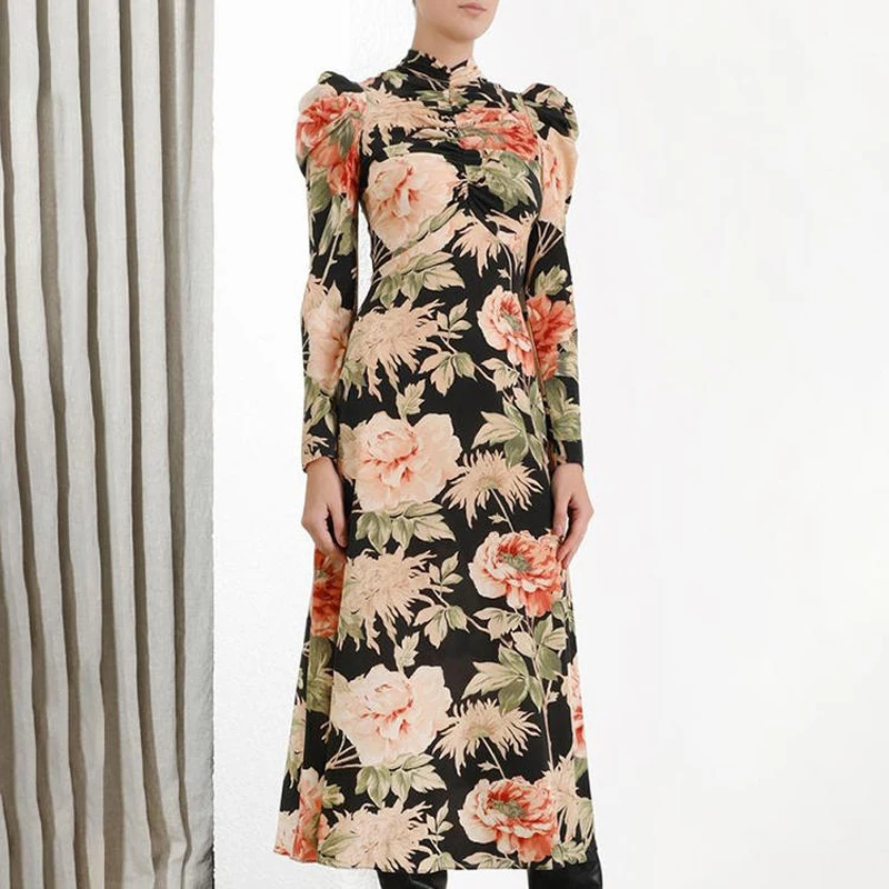 

Autumn Runway Vintage Woman Maxi Dress Long Sleeve Floral Print High Waist Ruffles Bodycon Dress Holiday Party Vestidos