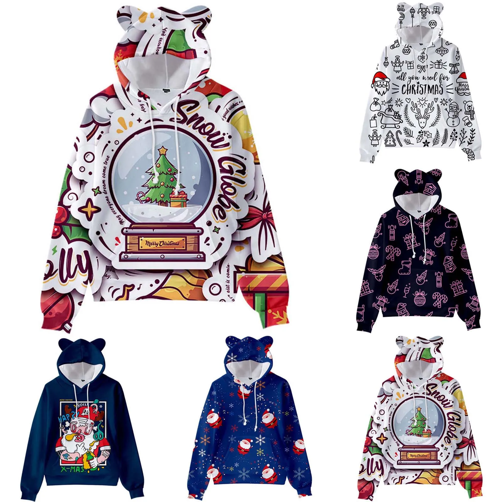 Christmas 2020 Kawaii Funny Santa Claus Printed Hoody Long-sleeved Bear Ears Hooded Sweater For Kids Casual Hoodie XS-4XL худи | Женская