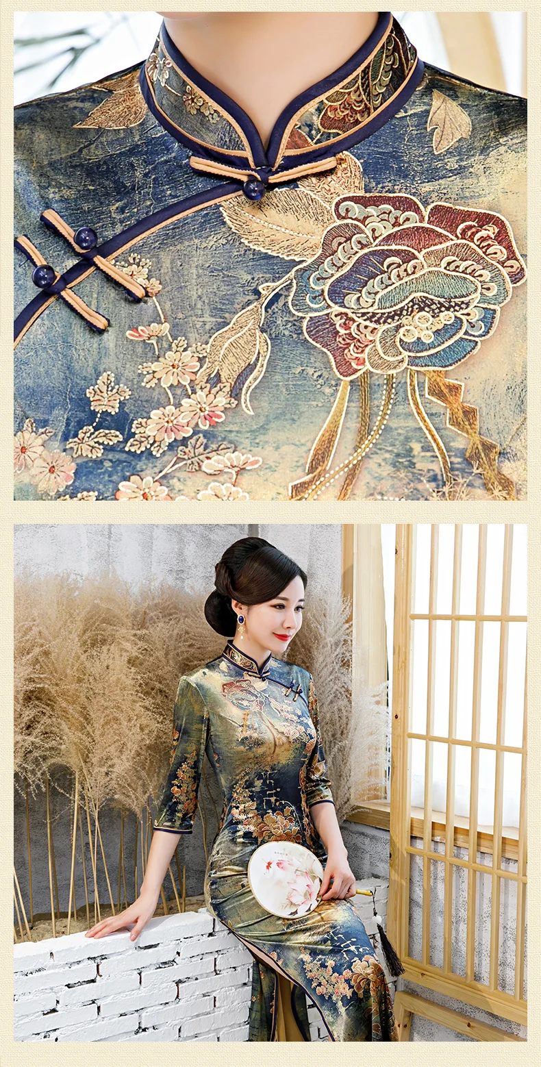 Золотой бархат cheongsam осень и зима женский китайский стиль ретро рукава улучшенное платье Чонсам длинное темперамент XL