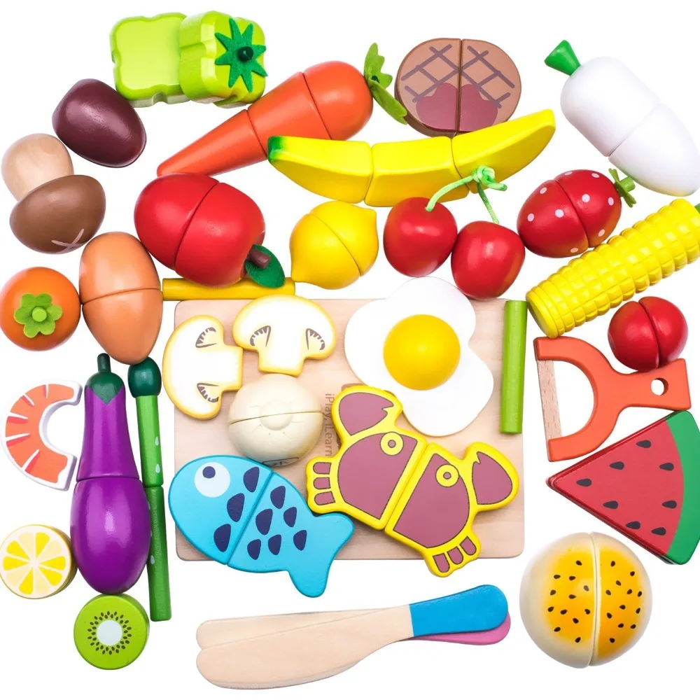 

Wooden Cutting Cooking Play Food Sets Magnetic Wood Vegetables Fruits Pretend Play Kitchen Kits Toy for 2 Years Up