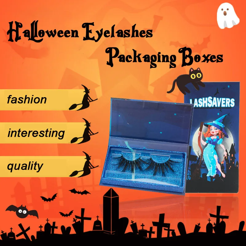 

25MM Mink Lashes Packaging Boxes With Tray Halloween Theme Eyelashes Packaging Boxes Witch Pumpkin Ghost Lashes Box Case Design