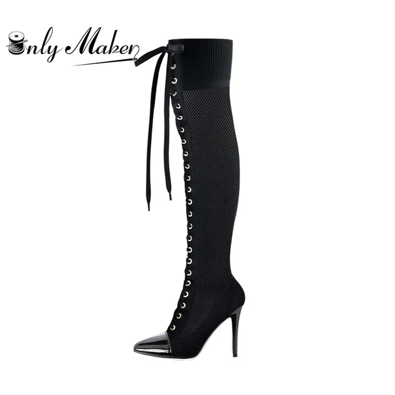 

Onlymaker Womens Stiletto 10CM High Heel Thigh High Stretch Knit Over The Knee Boots Pointed Toe Studded Booties Fashion Winter