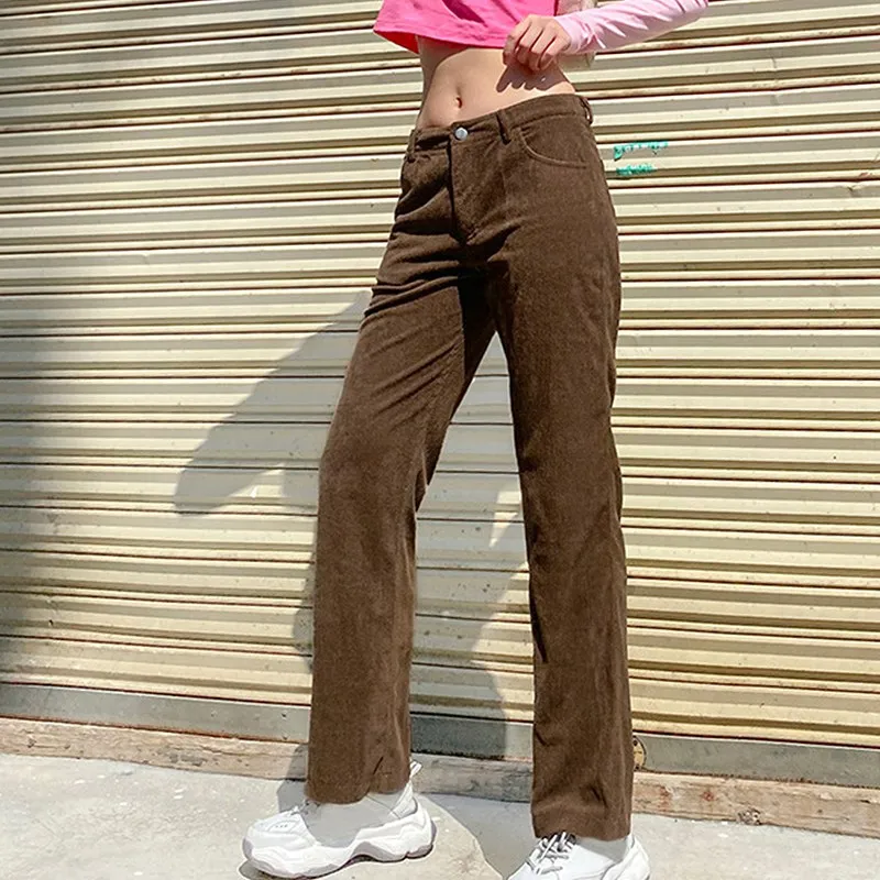 

Muyogrt Autumn Casual Corduroy Brown Long Trousers Women Skinny Mid Waist Pants Capris Fashion Y2K 90s Pocket Sweatpants 90s