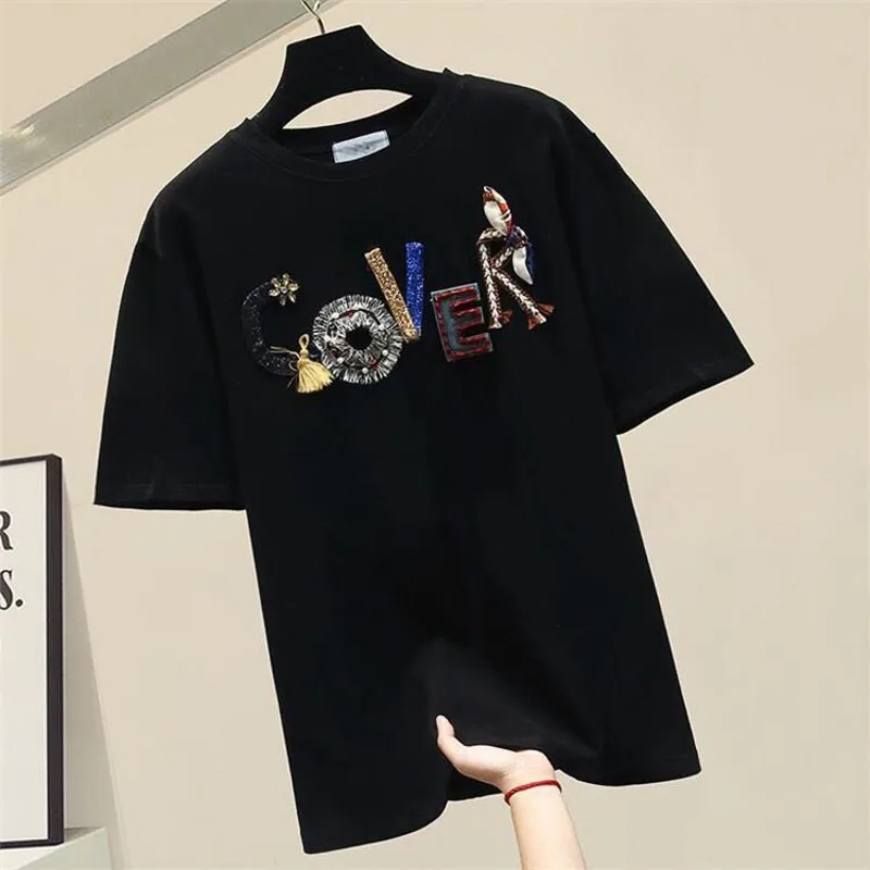 

Summer Casual Women T-shirt Beaded letters Letter Hot Diamond Harajuku Girl T Shirts Cartoon Basic Cool Tees Tops