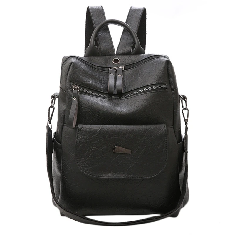 

Ladies Leather Backpack Female School Backpack Teenage Girl Vintage Large Multifunctional Mochila Solid Shoulder Bag:Black
