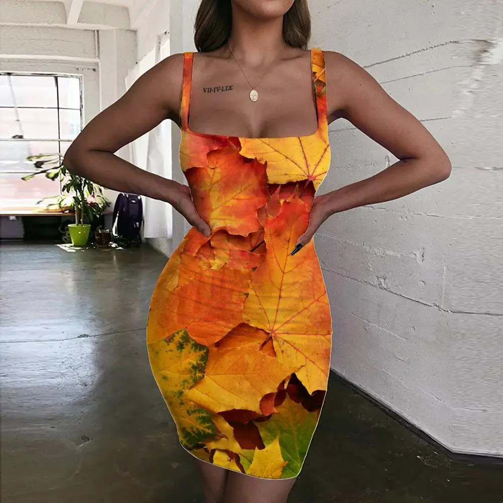 

KYKU Brand Maple Leaf Dress Women Autumn 3d Print Landscape Halter Sleeveless Harajuku Ladies Dresses Womens Clothing Plus Size
