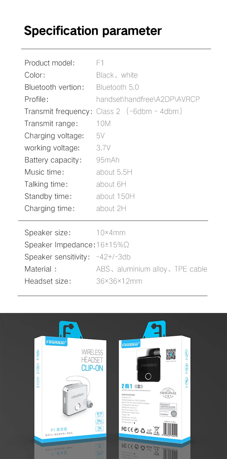 Fineblue F1 bluetooth 5,0 алюминиевый сплав Вибрация вызова с микрофоном Bluetooth наушник беспроводной клип на наушники Bluetooth гарнитура