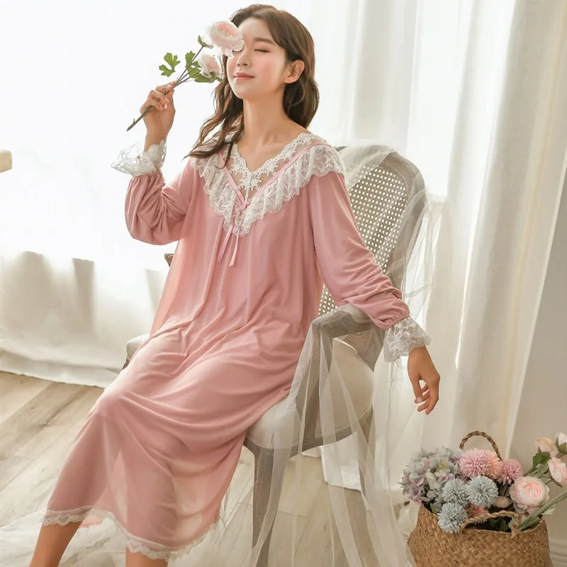 

Spring Modal Inner V-Neck Long Nightgowns For Women Vintage Princess Loose White Lace Sleepwear Pink /Green Color Home Wear