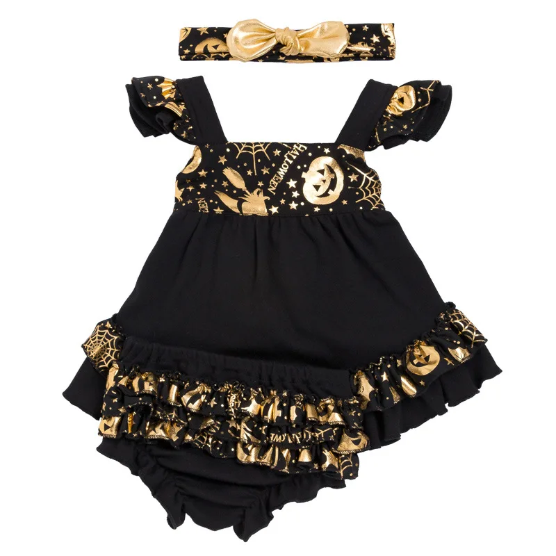 

2020 New Halloween Pumpkin Newborn Ruffles Bloomers Summer Style Briefs Sling Bat Infant With Bow Hairband Girls Baby Clothing