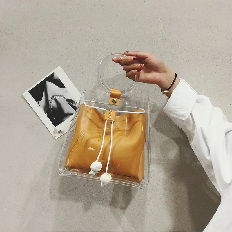 

2019 summer new JIULIN Korean fashion portable transparent one shoulder simple pumping diagonal bucket bag