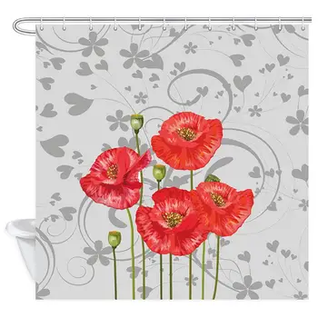 

Flowers Shower Curtain, Red Poppies on Whimsical Gray Floral Polyester Fabric Bathroom Bath Curtain Liner Set with Hooks